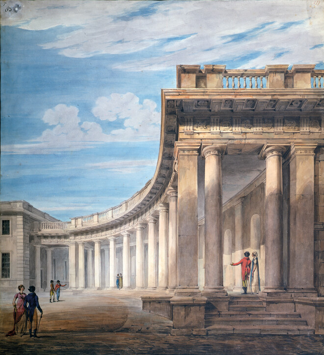 RA lecture illustration of the colonnade at Burlington House